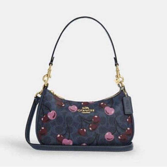 Authentic Coach Teri Shoulder Bag In Blue Signature Canvas With Cherry Print - Picture 7 of 12